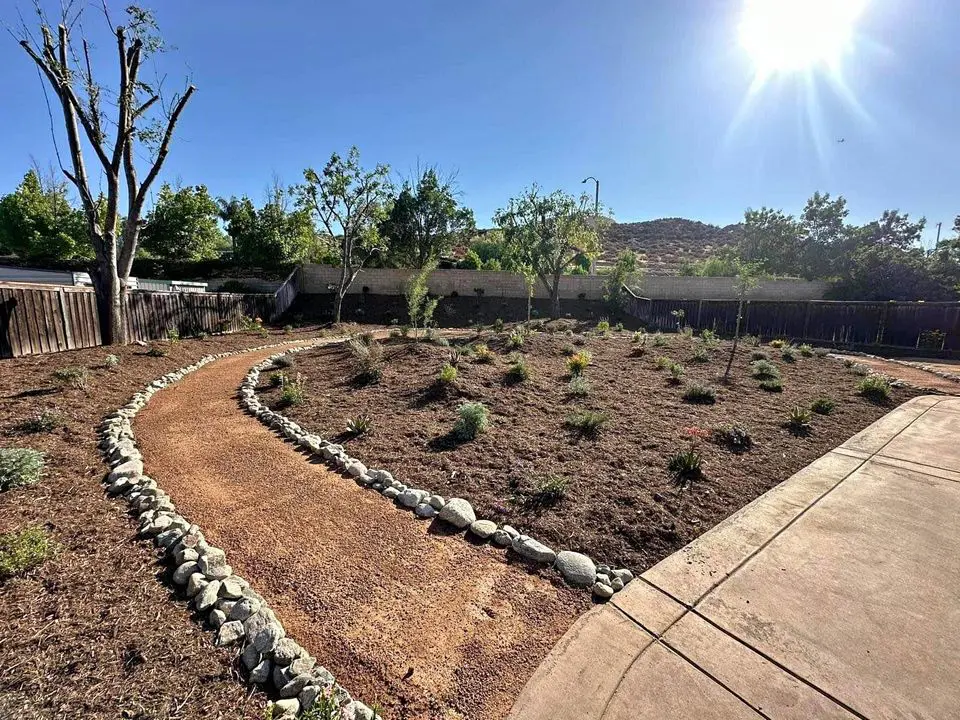 A landscaped yard with a winding gravel path lined by rocks, surrounded by young plants and trees under a bright sun and clear blue sky. Artificial grass Gilbert enhances the space, while a concrete patio is visible on the right side.